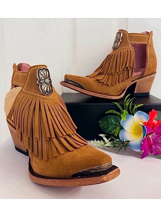 Junk Gypsy Shoes - JUNK GYPSY by LANE ~ Fringed Tan Leather Ankle Boots w/Faux Turquoise size 7.5